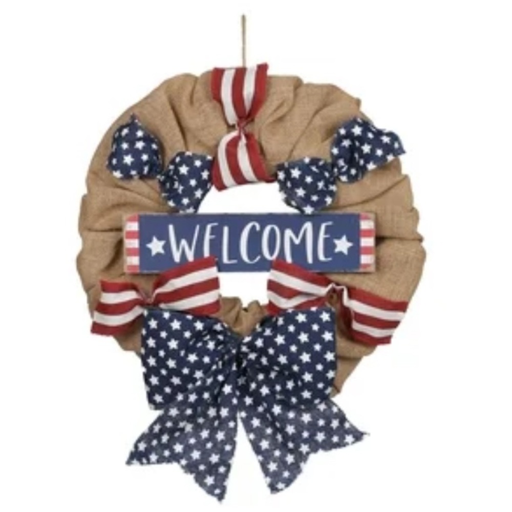 NWT 18” USA Burlap welcome Front door Wreath Americana country rustic primitive